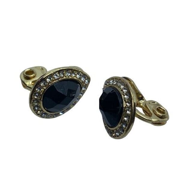 Monet Elegant Vintage Gold Tone Black Rhinestone Clip On Teardrop Earrings - Picture 1 of 4